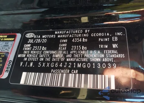 2021 Kia K5 Gt-Line from USA, damaged, VIN 5XXG64J21MG013039